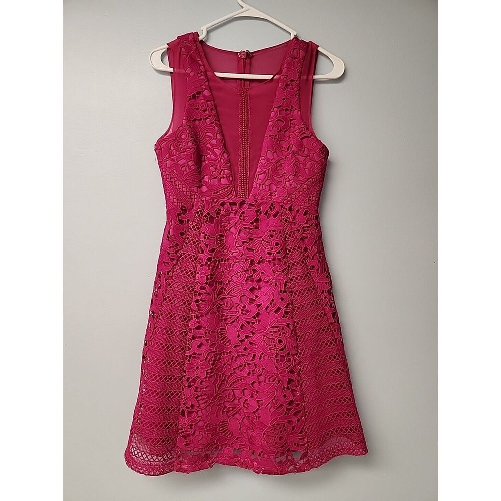 Adelyn Rae Womens S Hot Pink‎ Fuchsia Lace Cocktail Party Dress Sheer Accents